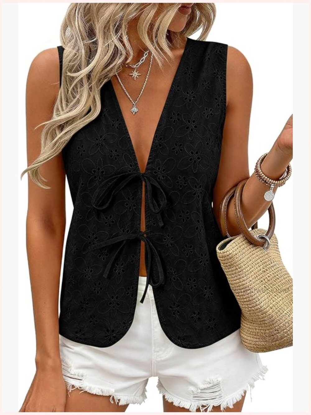 Summer Eyelet Tie Front Tank Top Sleeveless V Neck Blouse